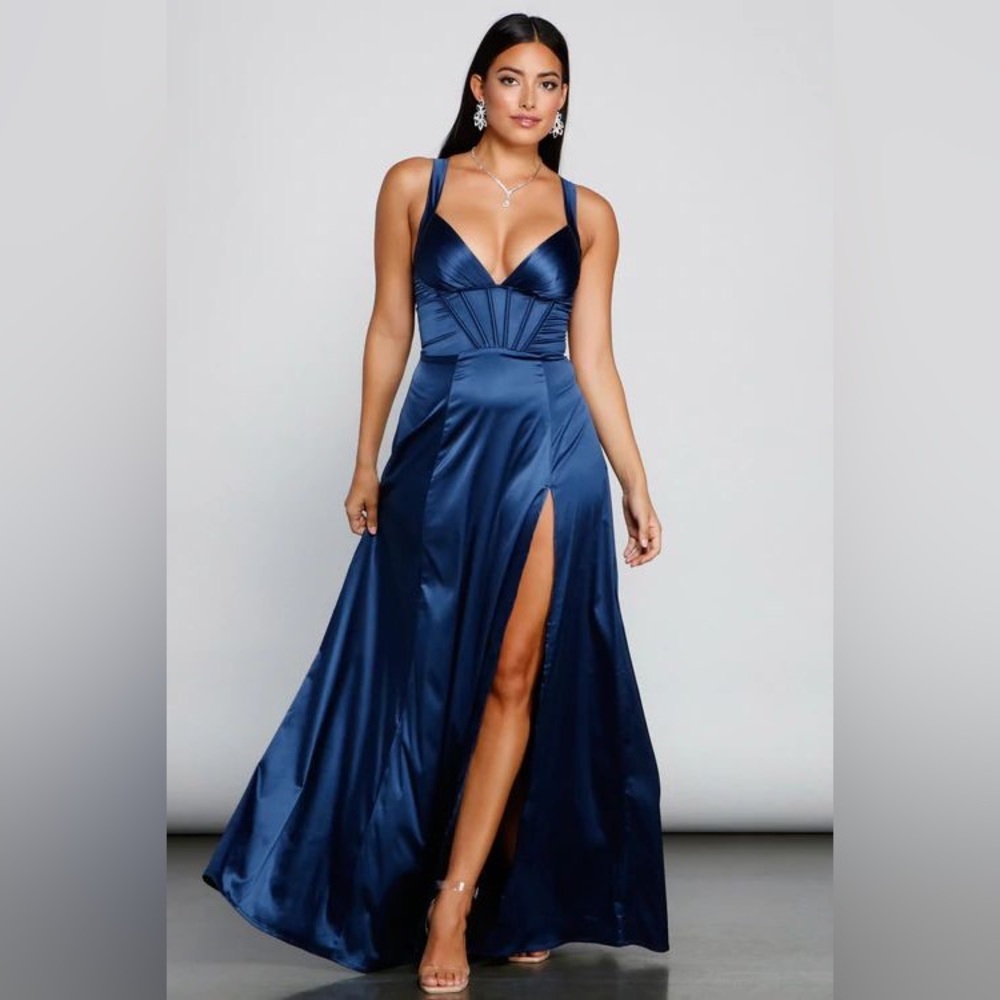 Navy blue satin maxi dress with corset detailing